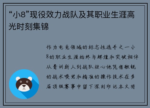 “小8”现役效力战队及其职业生涯高光时刻集锦